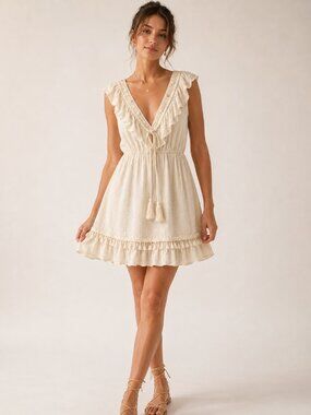 Azara Paris Cream Boho Ruffle Tassel Mini Dress S/M